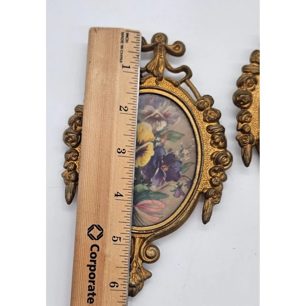Vintage Ornate Gold Floral Wall Art Set of 2 Oval Frames Pansies Roses 6in